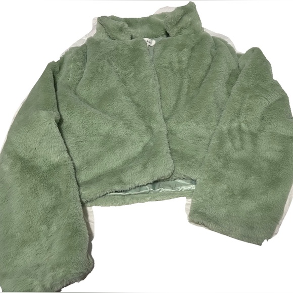 NWT Fuzzy green faux fur jacket blazer shawl collar cropped Bohme party lined XL - Picture 2 of 6